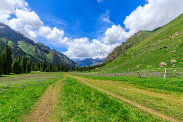 Obraz premium A walking path leads to distant mountains.beautiful natural scenery in Xiata Scenic Area,Xinjiang,China.