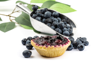 home made blueberry tarts and a baker's scoop of fresh ripe blueberries isolated on white