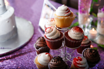 A view of an arrangement of cupcakes.