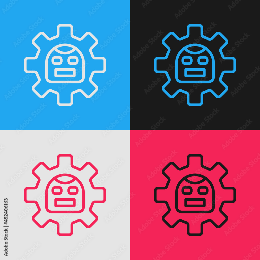 Poster pop art line robot icon isolated on color background. artificial intelligence, machine learning, clo