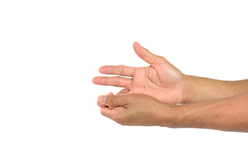 Hand holding wrist pain on white background.