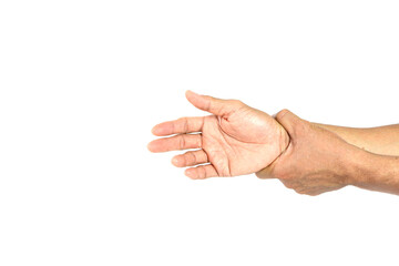 Hand holding wrist pain on white background.