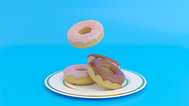 Pink and chocolate donuts in motion. Donut with glaze flying on white ceramic plate over blue background. Creative square pastel 3d illustration.
