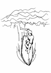 大きな波でサーフィンする男性