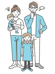 困った顔の若い家族のベクターイラスト素材／シンプル／子供／夫婦