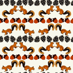 Seamless pattern from Belcock with fluffy tails with cones, acorns, nuts, mushrooms. Colored flat illustration for kids creativity, winter cards, Christmas greetings.