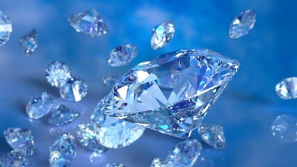 Shiny Diamonds falling on blue sky  lighting. 3D illustration. 3D CG. 3D high quality rendering.
