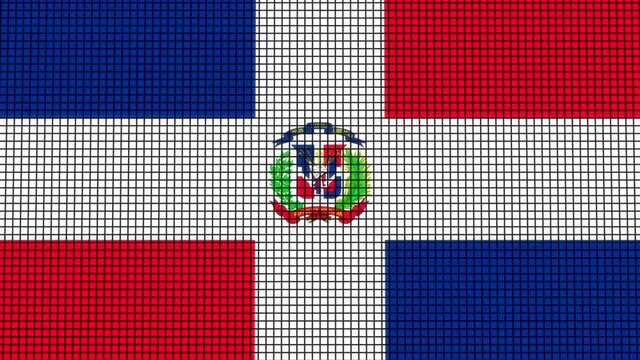 Dominican Republic Flag animated in pixel grid style technology background