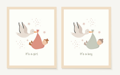 Set of child card invitation.White Stork Holding Big Bag with newborn baby. New baby arrival. It's a girl. It's a boy. Simple Baby Shower Art. - Powered by Adobe