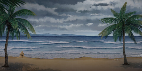Sea - Overcast, Anime background, 2D Illustration.