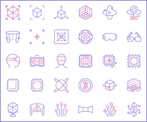 Set of Virtual Reality and tech icons line style. It contains such Icons as futuristic, display, smart tech, technology, device, 360 degrees, VR, future and other elements.