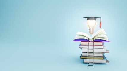 Open book with Graduation hat on light bulb. Education, learning on school and university or idea concept. 3d illustration