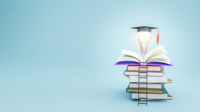 Open book with Graduation hat on light bulb. Education, learning on school and university or idea concept. 3d illustration