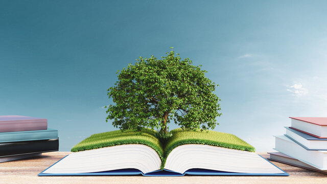 3d illustration. Open book with green grass field and tree on blue sky background