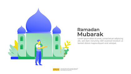 Naklejka premium happy ramadan mubarak and islamic eid fitr or adha flat design greeting concept with people character for web landing page template, banner, presentation, social, and print media