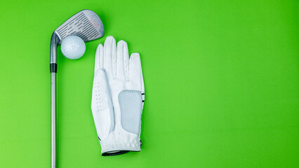 Golf sport equipment for golfer competition and training in game with yellow background.  