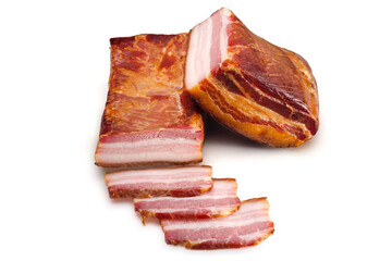Whole Smoked pork bacon with slices on a white background. Food product.