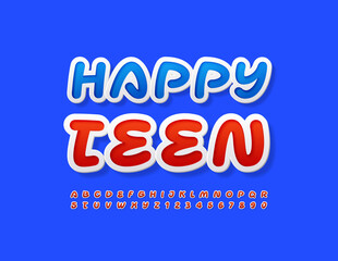 Vector trendy banner Happy Teen. Creative Red Font. Modern set of Alphabet Letters and Numbers