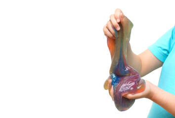 Kid playing with slime, mixing colorful slime together isolated on white background