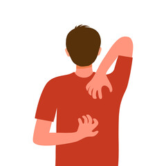 Young man suffering from itchy skin in flat design on white background. Guy scratching his back. Allergic skin problem.