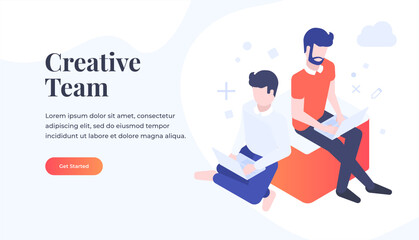 Flat isometric 3D Illustration. A creative team of people is working on a startup idea. Collective joint work. Vector flat isometric stylish graphics for banners and advertising.