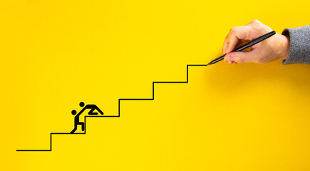 Hand drawing staircase on yellow background. Team work for success