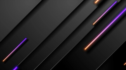 Black tech abstract background with violet orange neon laser lines