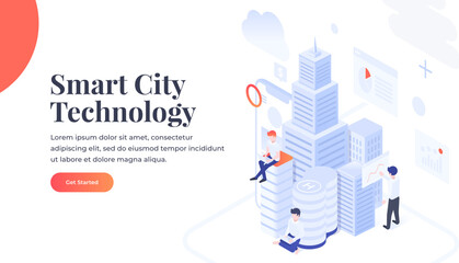 Smart Technology Concept. Isometric flat vector illustration. Blocks with business networking servers, computers and devices.Cloud storage data and synchronization of devices. Landing page concept.