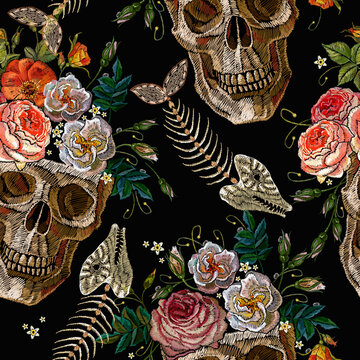 Embroidery skull, fish bones and roses seamless pattern. Gothic romanntic art. Dark fairy tale clothes template and t-shirt design