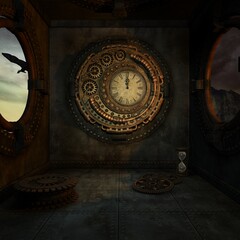 3d illustration of an fantasy background with a steam punk atmosphere 