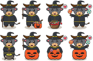 Cute Character Cartoon of Buffalo with Wizard costume. halloween set. Good for icon, label, sticker, clipart. Vector illustration.