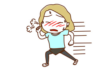 ＜全身・正面＞猛ダッシュで走って息が苦しそうな白人女性