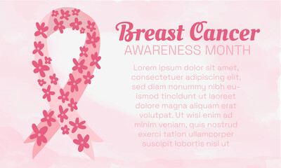 Breast Cancer Awareness Month banner with delicate pink watercolor background, pink ribbon decorated with hand drawn bright flowers. Copy space.