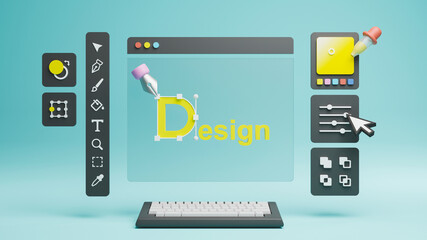 Graphic designer creative creator design logo artwork curve pen tool illustration equipment icons digital computer display workspace. Graphic design software. 3d rendering.