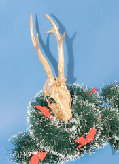 Christmas and New Year concept.  Concept made of Deer skulls, green decoration  and pastel blue...