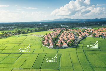 Increased land value in aerial view consist of landscape, green field, residential house building...