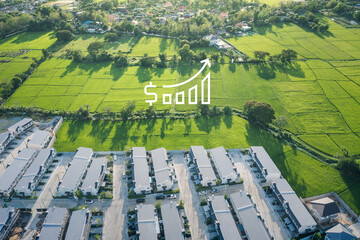 Increased land value in aerial view consist of landscape, green field, residential house building...