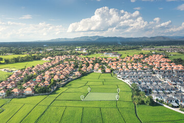 Land plot in aerial view. Gps registration survey of property, real estate for map with location,...