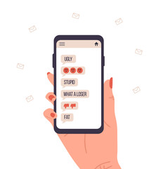 Cyber bullying. Female hand holding smartphone with pop up messages on screen. Online abuse concept. Problems in social networks. Vector illustration in flat cartoon style.