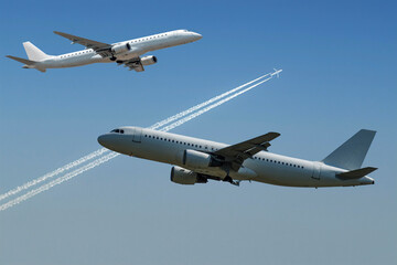 airliners in flight on blue sky. Air traffic concept
