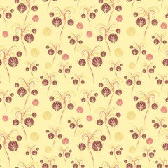 Abstract seamless geometric floral pattern with coral and pink spheres on a yellow background 