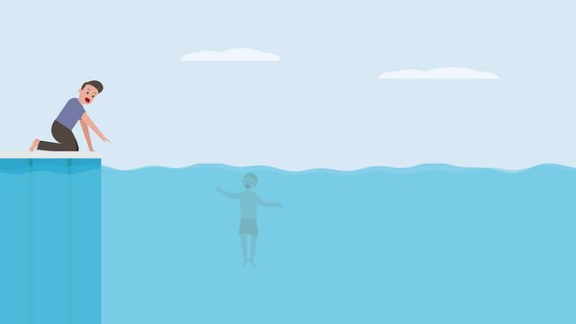 Young father helps his son drowning on the sea