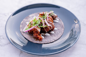 Exquisite crispy shrimp taco.