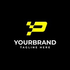 illustration of a logo with the initials P on a black background. Racing logo design concept template - obrazy, fototapety, plakaty