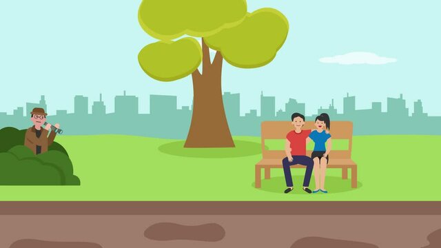 Spy agent looking at dating young couple at park