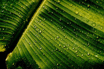 water drops on banana palm leaf, purity nature background