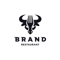angry bull meat fork for dining restaurant logo design