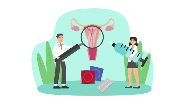 Two doctors doing treatment to ovaries woman