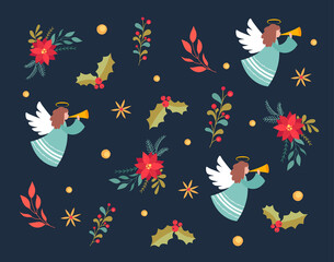 Obraz premium Christmas time seamless pattern. Print with flowers, leaves, berries and angels. Design for wrapping paper, packaging, postcards and posters. Cartoon flat vector illustration on blue background