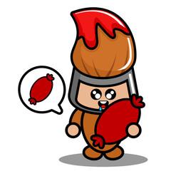 cartoon vector cute mascot costume character red brush pen holding sausage